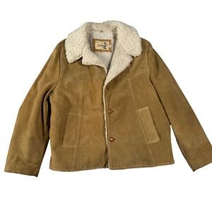 Vintage 70s Sears Fieldmaster Mens 48 Tan Suede Faux Shearling Rancher Jacket